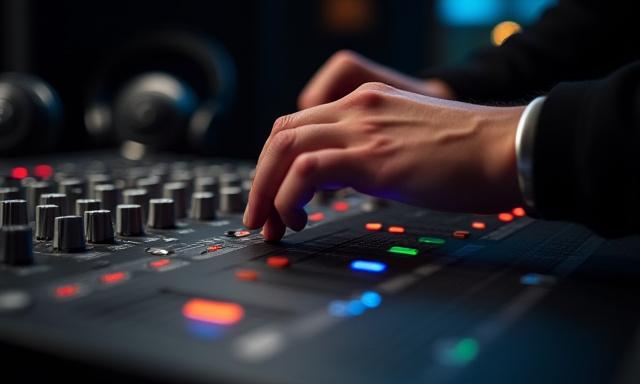 Studio-Mischpult mit Händen, die Knöpfe und Fader bedienen, konzentriertes Mixing