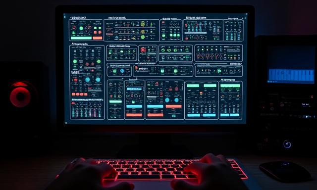Virtueller modularer Synthesizer VCV Rack auf einem Computerbildschirm, mit Patch-Kabeln und bunten Modulen